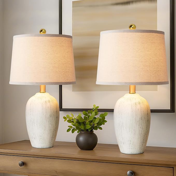 AIEAMPDO 21'' Set of 2 Rustic Ceramic Small Table Lamps for Bedroom | Farmhouse Vintage Nightstand Lamps for Living Room Office Entryway End Table, 2 Bulbs Included - Image 8
