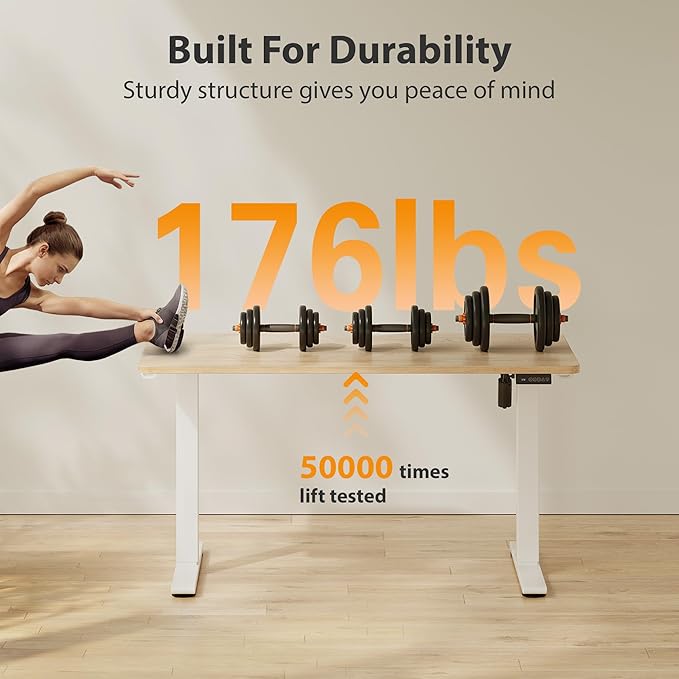 Cubiker Standing Desk, 48x24 Inches Sit Stand Home Office Desk, Electric Stand up Desk, Adjustable Desk with Splice Board, White Frame/Maple Top - Image 4