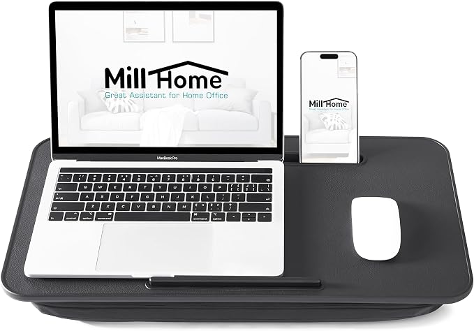 Lap Desk with Cushion, Fits up to 17 inch Laptop, Pillow Designed, Portable Laptop Stand with Tray, Pad & Phone Holder, Home Office for Bed/Couch/Car/Reading/Writing,MillHome (Black) - Image 2