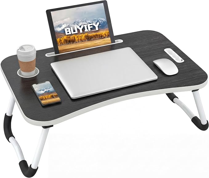 BUYIFY 23" Foldable Lap Desk for Laptop Writing w/Cup Holder Black | Sturdy and Durable, Laptop Bed Desk with Tablet Slot, No Assembly, Space Saving for Bed Couch Dorm WFH Students by BUYIFY