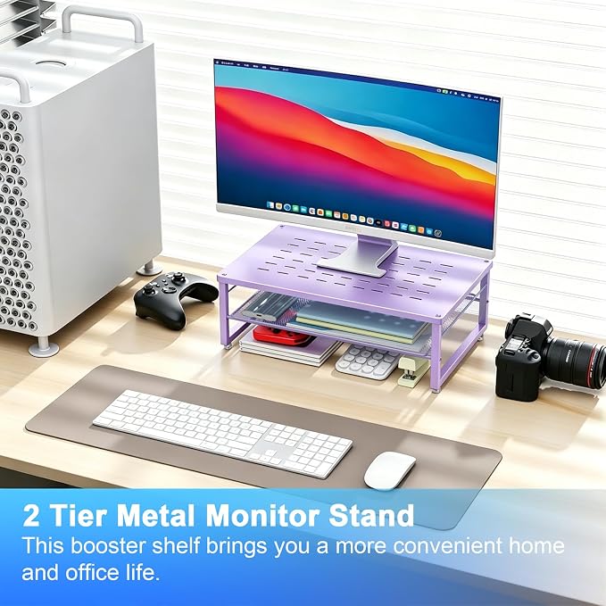 gianotter 2-Tier Metal Monitor Stand Riser | Desk Organizers and Accessories, Desk Organizer for Monitor, Office Desk Storage Organizer for Office Supplies (Purple) - Image 2