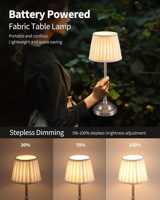 KDG Nickel Cordless LED Table Lamps Set of 2, Green Fabric Shade Desk Lamps | Portable 4000mAh Rechargeable Battery Powered, Dimmable Lighting for Dining Room, Bedroom, Bedside, Night Light, Balcony - Image 4