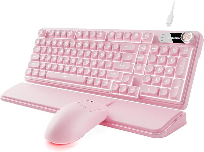 EWEADN Wired Keyboard and Mouse Combo with Detachable Wrist Rest, Quiet Ergonomic Keyboard Mouse Set with Multimedia Knob, RGB Backlit, Double-Shot Keycaps Natural Typing for Laptop, PC - Pink by EWEADN