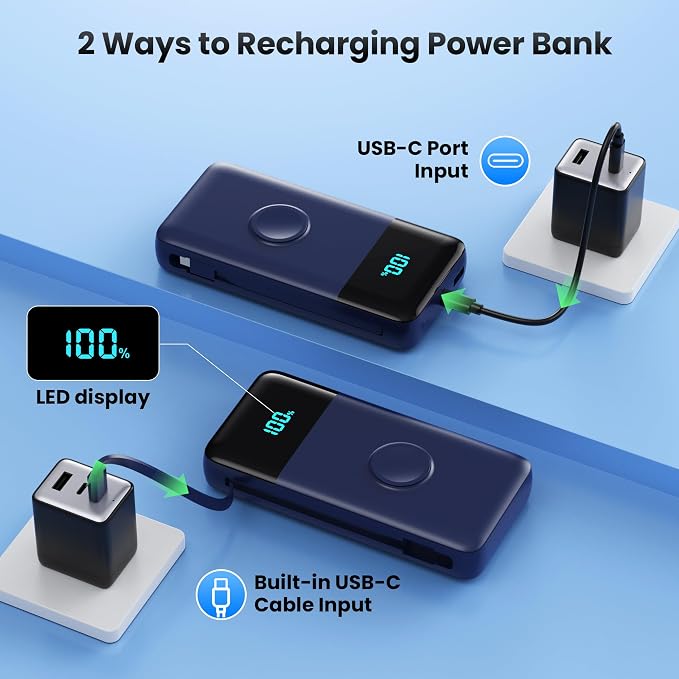 Portable Charger Power Bank 40800mAh with Built-in Cables,25W Fast Phone Charging Portable Battery Pack,5 Outputs Travel Essentials Outdoor External Battery for iPhone 17/16,Galaxy Android etc-Blue - Image 6