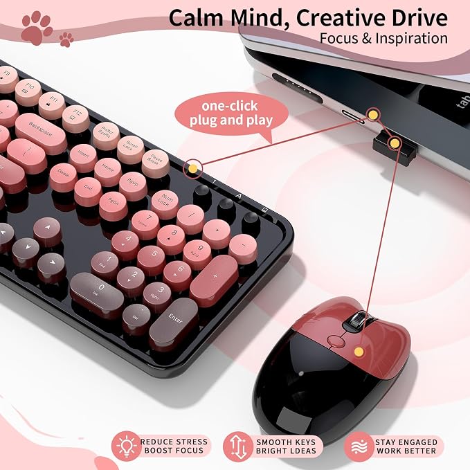 Wireless Keyboard and Mouse, 104 Round Keycaps Retro Typewriter | with OTG & Brush, Full-Size Ergonomic, Ideal for Windows PC, Home, Office and College Black Pink - Image 4