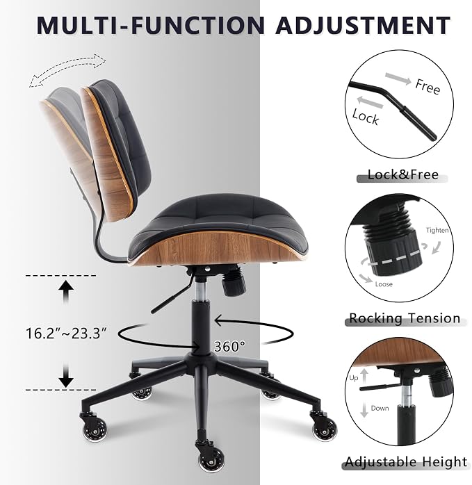 Home Office Desk Chair with Rubber Wheels, Armless Bentwood, Black | Adjustable Height Armless Office Chair, PU Leather Mid Back 360°Small Computer Chair, No Arms Walnut Seating, 300LBS Support - Image 6
