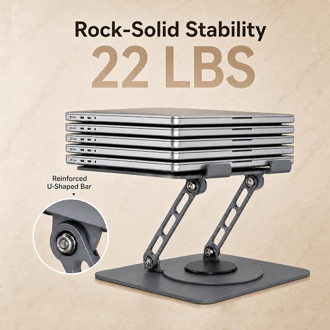 Aluminum Laptop Stand for Desk, Heavy Duty Computer Stand with 360° Rotating Base, Ergonomic Adjustable Height Notebook Riser, Compatible with MacBook Pro/Air, Dell, HP, 10-17” Laptops - Grey - Image 4