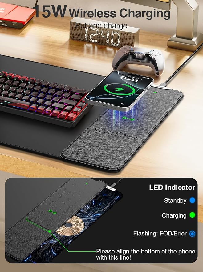 Wireless Charging Mouse Pad, 31.5"x15.8" Large Desk Mat, Smooth Glide | Waterproof Mousepad, Stitched Edge, Non-Slip Rubber Base, Desk Pad Computer Keyboard Mat, No Adapter - Image 2