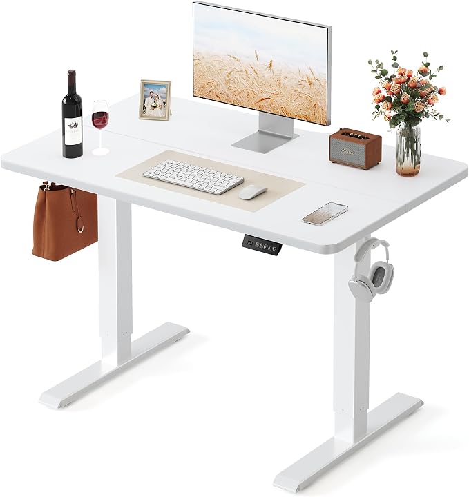 FEZIBO Standing Desk 40 × 24 Inch Electric Height Adjustable, White | Sit and Stand Up Adjustable Desk, Home Office Computer Desk with 3 Customizable Memory Presets by FEZIBO