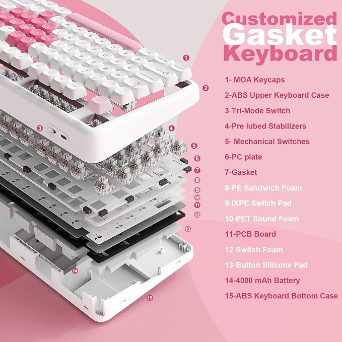 YUNZII B87 TKL Wireless Mechanical Keyboard (White Heart,Milk Switch) | QMK/VIA, Wrist Rest, CreamyTyping, Cute MOA Keycaps, Gasket Mount, Hot Swap, RGB Backlit, NKRO, BT/2.4G/USB-C, for Win/Mac - Image 4