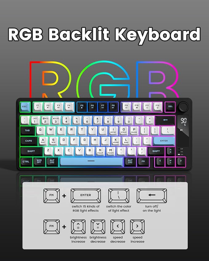DK75 75% Wireless Gaming Keyboard, RGB Backlit Creamy Keyboard with Media Knob, OLED Screen, Tri-Mode 2.4GHz/USB-C/BT5.0, Anti-Ghosting No-Conflict Silent Membrane Keyboard for MAC Windows - Image 6