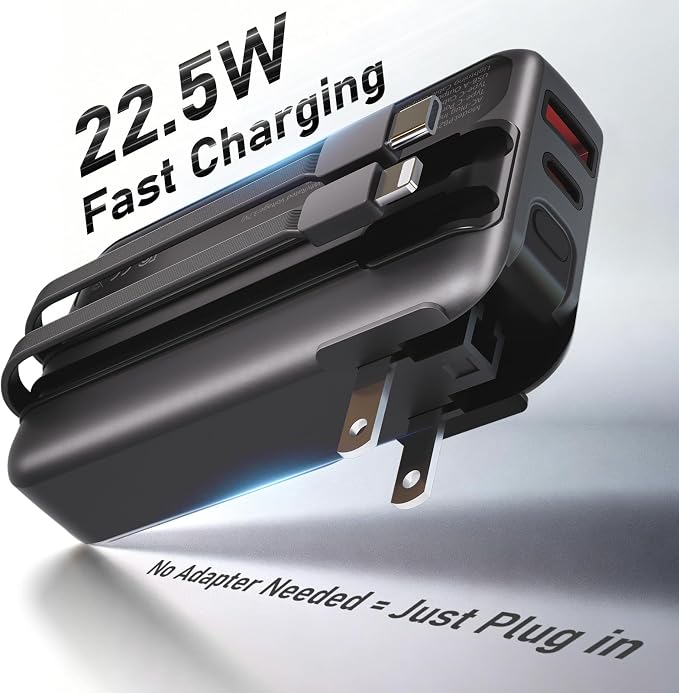 Portable Charger with Wall Plug, 20000mAh Power Bank 22.5W Fast Charging, Built-in Lightning & Type-C Cables for iPhone Samsung Android, 4-in-1 Travel Charger - Image 2