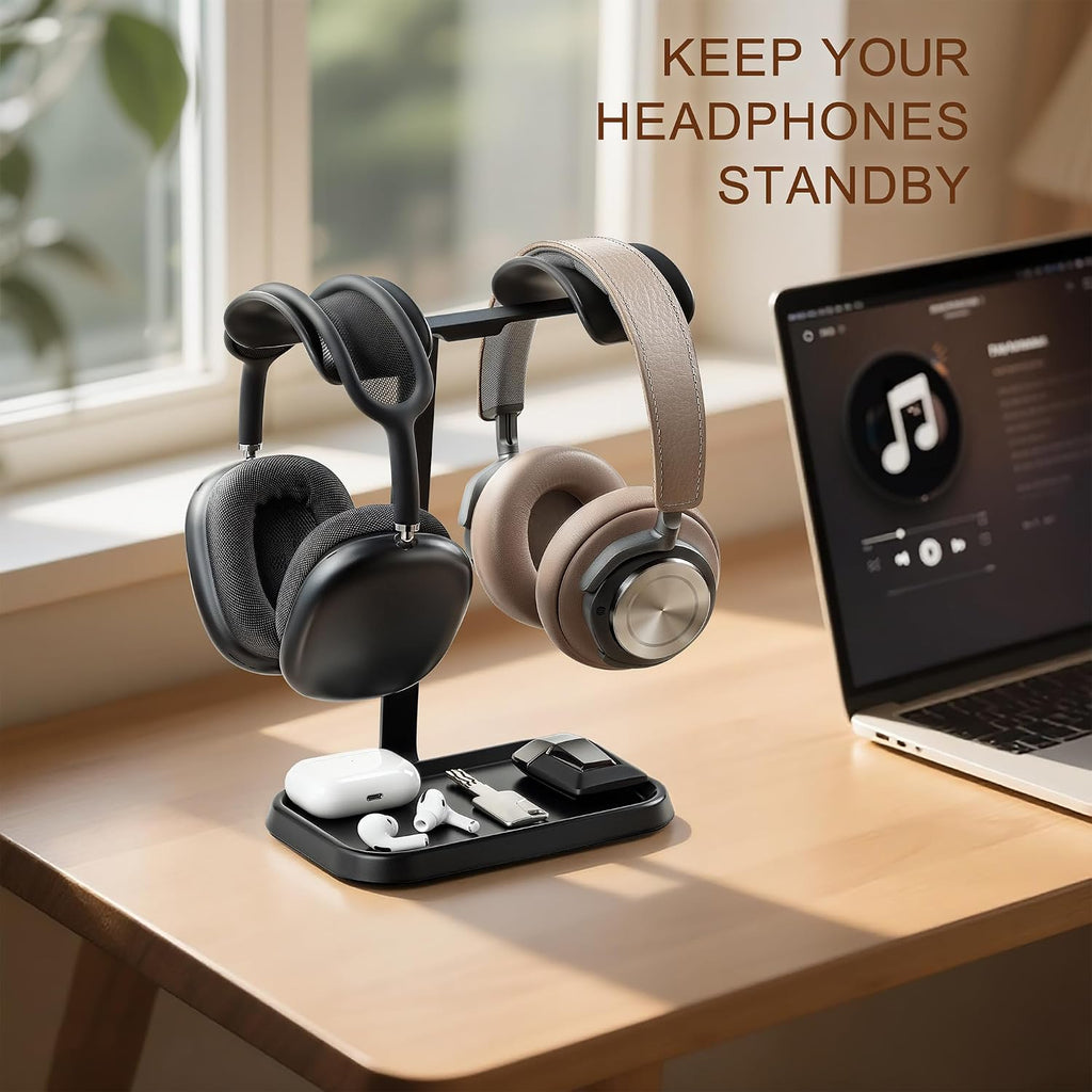 Dual Headphone Stand, Double Balanced Headset Stand with Storage Tray, Heavy Base Gaming Headset Holder for Desk (Black) - Image 2