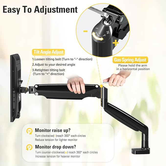 Single Monitor Mount Holds Screen up to 32", Height Adjustable Monitor Arm, Full Motion Computer Monitors Stand with Clamp/Grommet Base, VESA Mounts Fit 4.4-17.6lbs Computer, Black - Image 2