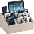 PU Leather Desk Organizer, Remote Control Holder, Dark Beige | Luxury Nightstand Organizer for Home, Office Desk Accessories, Bedside Table Caddy with 5 Compartments, Velvet Lining by MEIBOOCH