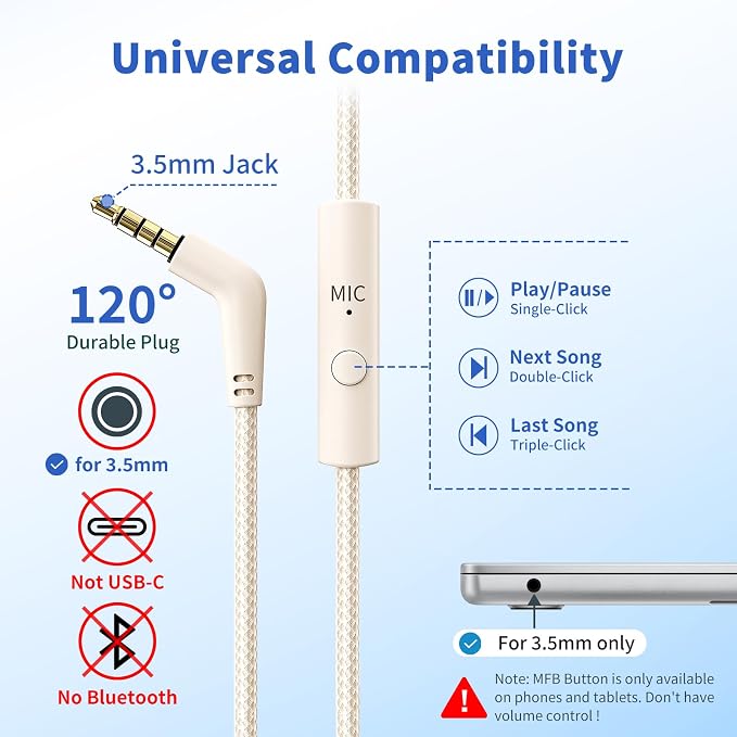 Botesty Sound Headphones Wired with Microphone, Over Ear Foldable 3.5mm Plug in Headphones Corded with 4.9ft Tangle-Free Nylon Cord for Tablet, Laptop, MP3/4, School, Airplane Travel (Beige) - Image 2