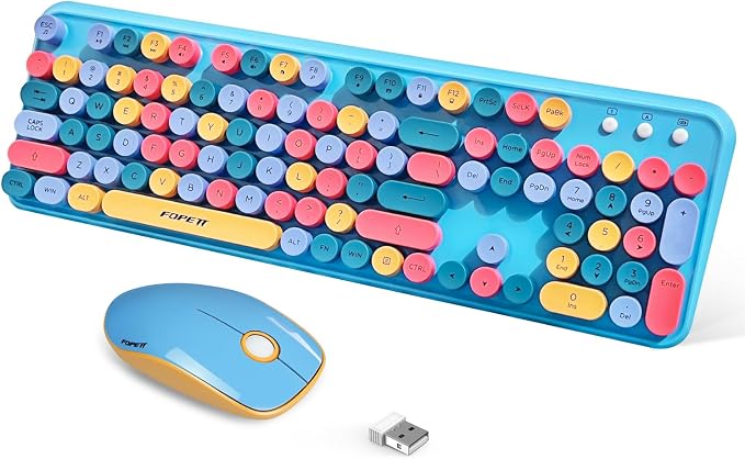 2.4GHz Wireless Keyboard and Mouse Set with Switch Button - Full-Size Keyboard - Compatible for Windows/Laptop/PC/Notebook/Smart TV and More - Blue Colorful by FOPETT