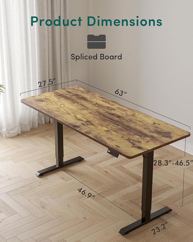 CubiCubi 63 x 28 Large Standing Desk, Height Adjustable Electric Computer Desk, 28" Deep Desktop, Sit Stand up Home Office Workstations with Preset Heights, Rustic Brown - Image 3