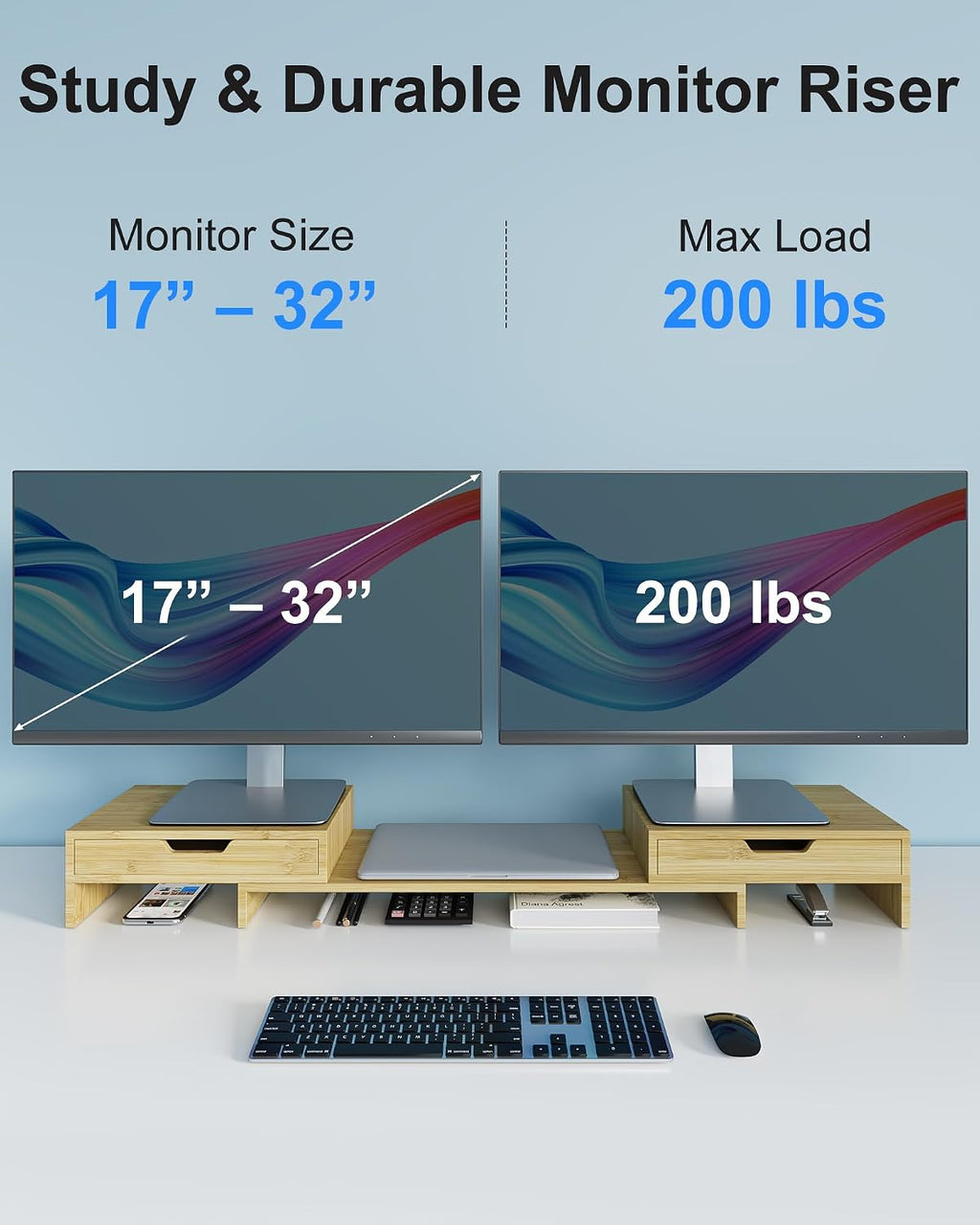 Epesoware Dual Monitor Riser with Two Drawer for Desk, No Assembly Required - Image 4