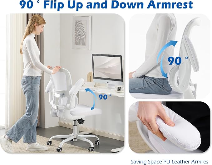 TRALT Ergonomic Office Chair Desk Chair with Adjustable Lumbar Support | Desk Chair Comfy with Flip-up Armrests Ergonomic Chair - Mesh Computer Chairs for Adults, 330lbs, PU Leather (White, 1) - Image 4