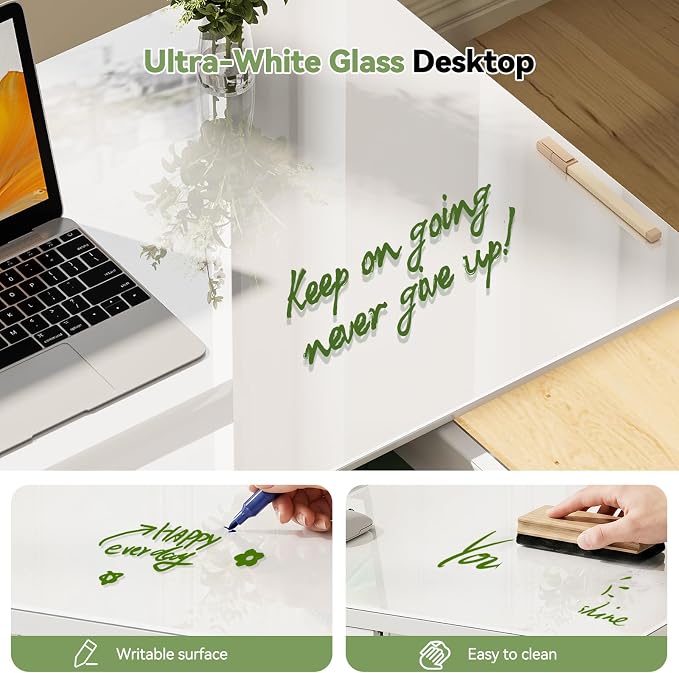 35inch Glass Standing Desk, Height Adjustable with Drawer | Pneumatic Rolling Laptop Desk on Hidden Wheels/Lockable Casters, White Portable Mobile Computer Workstation with Dual Column - Image 4