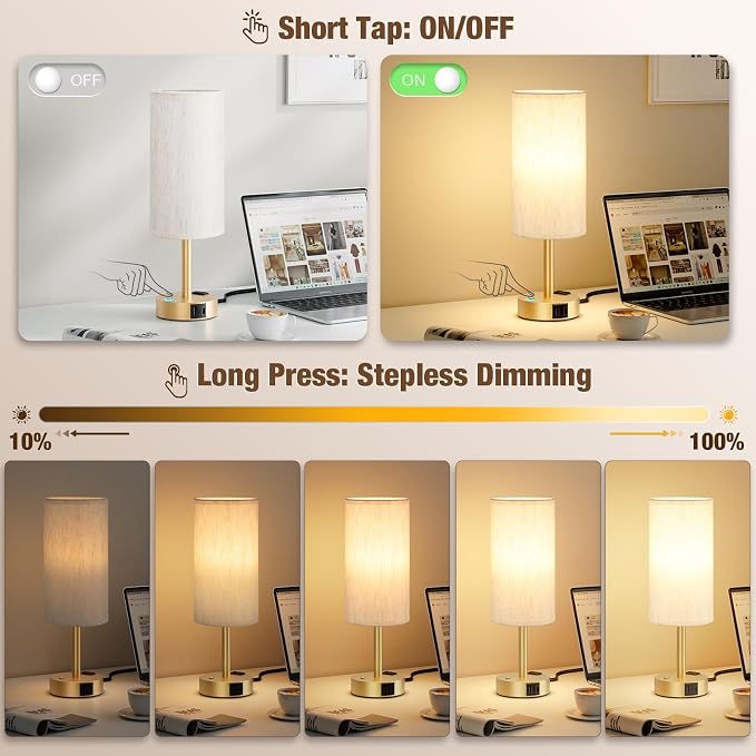 Gold Touch Bedside Lamp for Bedroom, Stepless Dimmable, USB A+C, AC Outlet | Base Touch Button Only, Memory Brightness, Ultra-dim Night Light, Included Bulb for Optimal Dimming, Cream Fabric Shade, Desk - Image 2