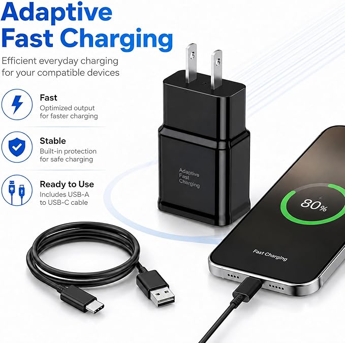 Type C Charger Fast Charging, 1Pack USB C Android Phone Charger&6ft Cables | Wall Charger Blocks &1x 6ft USB-C cables for Samsung Galaxy S8/S9/S10 Plus/S10e/S20/S21 Ultra/Plus, Note 8/9/10,Pixel3 Black - Image 2
