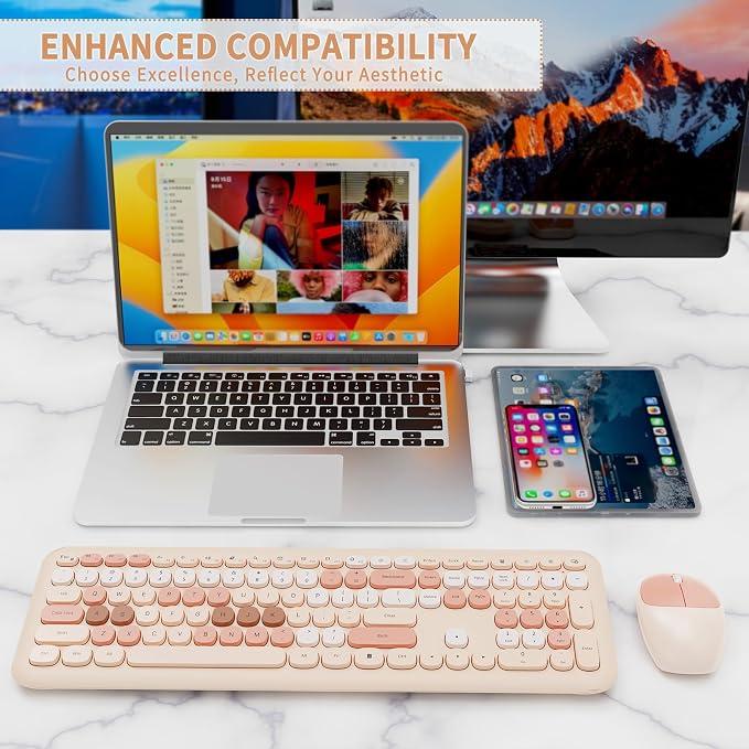 Nowlike Wireless Keyboard and Mouse Combo, Retro Typewriter Keyboard with Round Keycaps, Full-Size Ergonomic, Brown, Ideal for Windows PC, Home, Office, and College, Wireless Keyboard Mouse Combo - Image 7