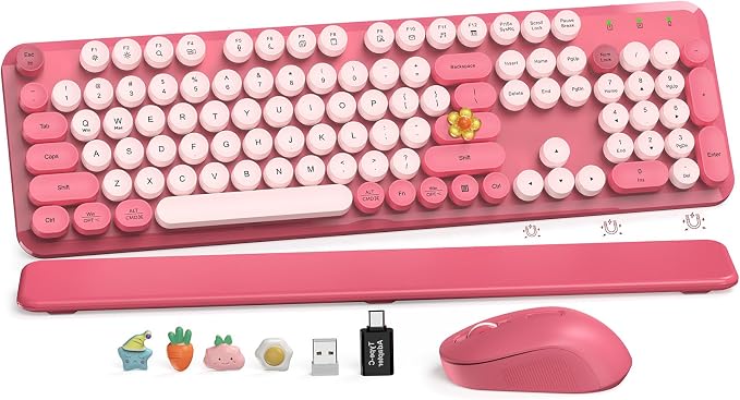 Wireless Keyboard and Mouse Combo, Round Keycaps, Magnetic Wrist Rest, Pink | Full-Size Retro Typewriter-Style Keyboard, Tilt Legs, Auto Sleep, 2.4GHz Cordless for MacOS, Windows PC, Laptop, SABLUTE CK23 by SABLUTE