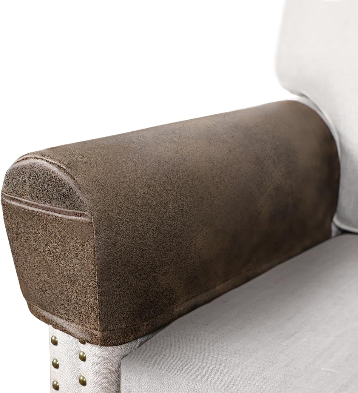 Leather Look Couch Arm Covers Set of 2 Armrest Covers for Sofa Chair Arm Protectors Stretch Armchair Slipcovers with Pockets Washable Spandex Fabric (Large, Brown) by ANARACHON