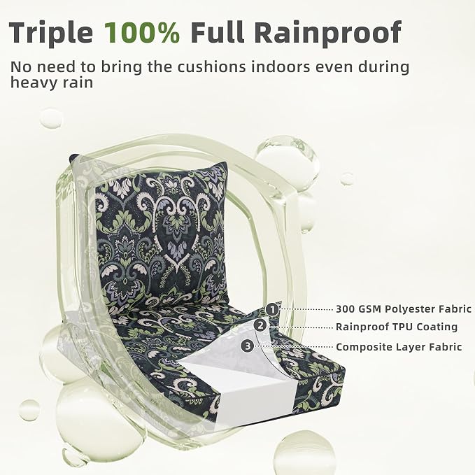 Favoyard Outdoor Deep Seat Patio Cushions Set, 24" x 24", Rainproof, Garden | Fade Resistant, Removable Bottom & Back Cushion, Tie Straps for Patio Furniture, Rocking Chair, Sofa Couch, Green Floral - Image 5