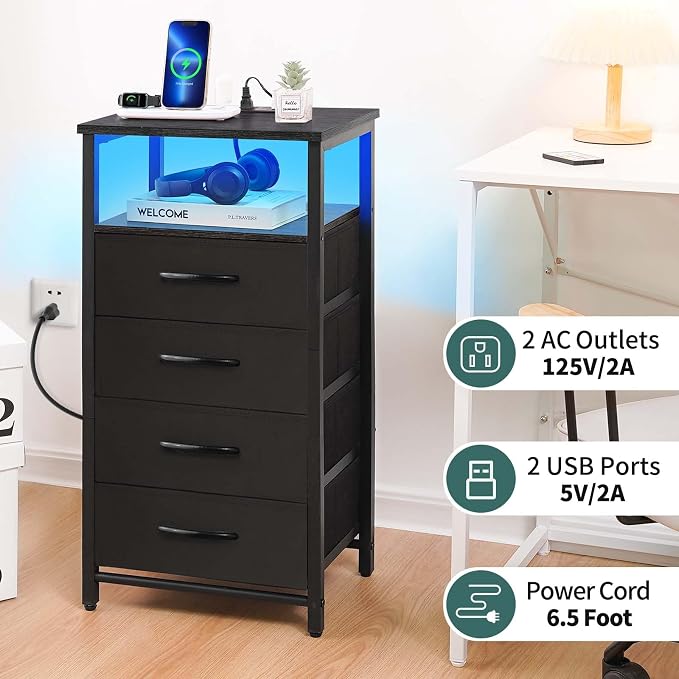 Yoobure Night Stand - Black Nightstand with Charging Station, Small Dresser | Bedside Table with 4 Fabric Drawers and Storage Shelf, LED End Table, Vertical Dressers with USB Ports and Outlets - Image 6