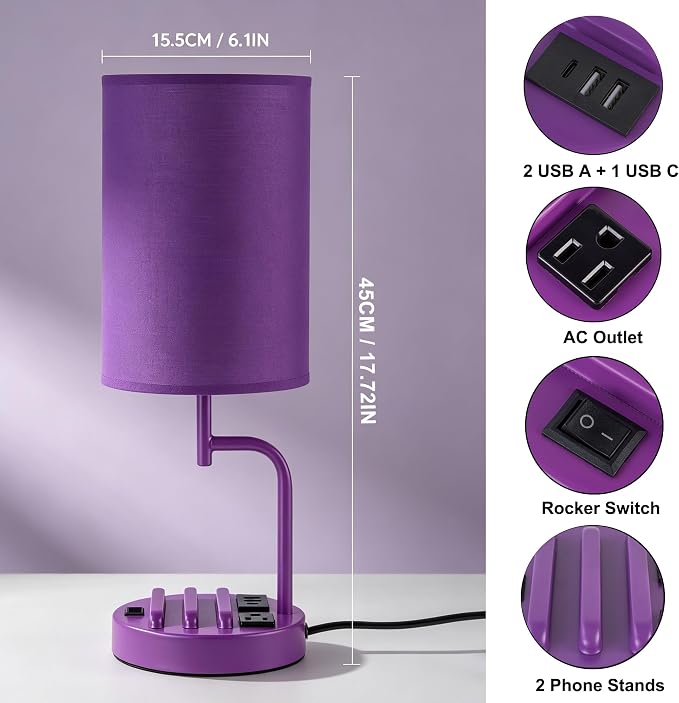 Dreamholder 2 Pack Table Lamp, Bedside Lamp with 3 USB Charging Ports & AC Outlet, USB Desk Lamp with 2 Phone Holders, Linen Fabric Shade Nightstand Lamps for Bedroom Living Room Office, Purple - Image 2