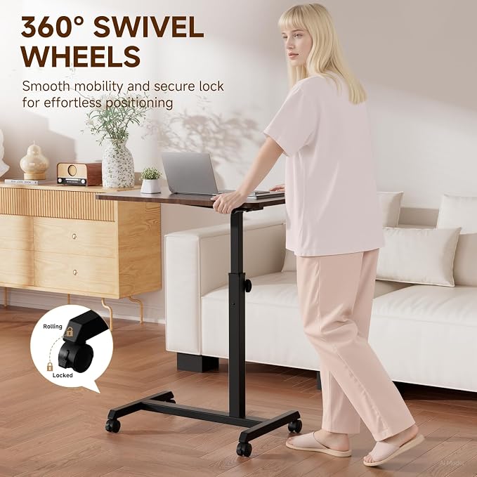 GTPLAYER Small Standing Desk, 24 Inches Foldable Mobile Rolling Laptop PC Table with Lockable Casters, Adjustable Height Overbed Bedside Table Computer Workstation for Home Office, Walnut-Foldable - Image 7