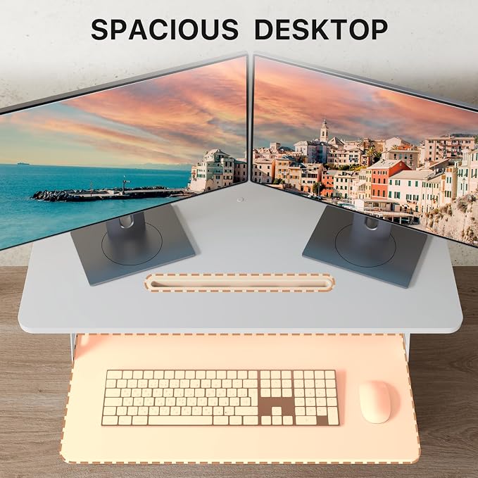 JOY worker 32" Standing Desk Converter, Height Adjustable Stand Up Riser | White Desktop Sit to Stand Riser with Fixed Keyboard Tray, Monitor and Laptop Workstation, Particle Board, for Home Office - Image 4