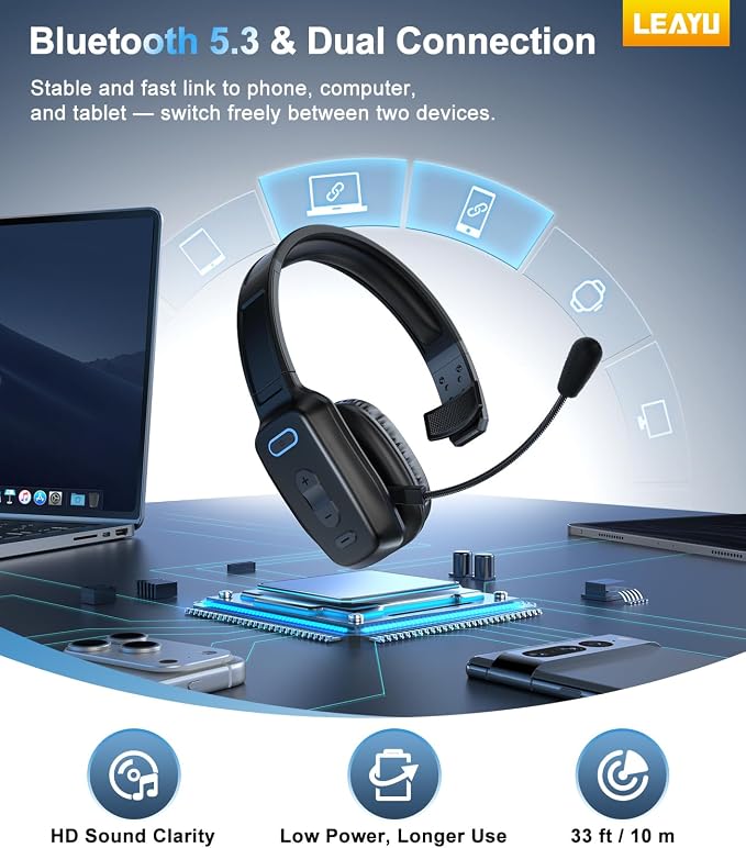 Trucker Bluetooth Headset, 60-Hour AI Noise-Canceling Mic for Driving | Mute Button, Multipoint Pairing, Single-Ear Design, Over-Ear Comfort, Bluetooth 5.2 Wireless Headphone, Phone/PC, Office/Work - Image 4