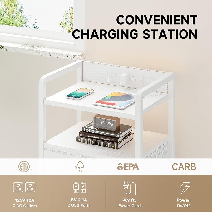 Lazzanto Nightstand with Rear Charging Station, LED Light, 2 Drawers, White | Industrial Nightstand, 2 USB-A Ports & AC Outlets, Raised Back Guard, Fabric Storage Drawers, Bedside Table for Bedroom, Dorm - Image 5