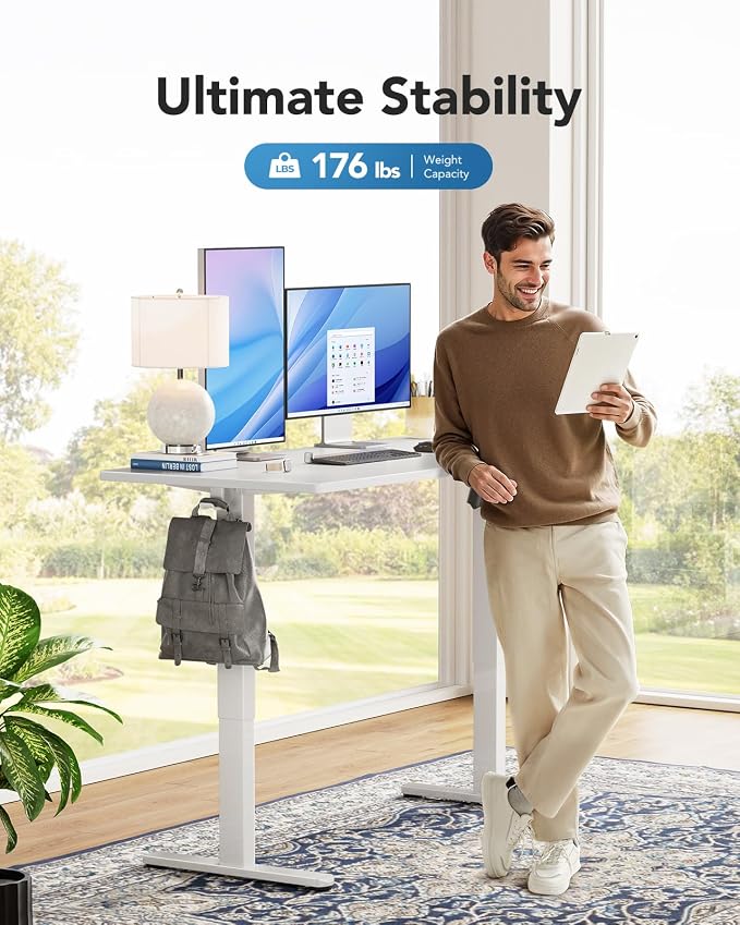HUANUO Electric Standing Desk, Whole Piece Desktop, Adjustable Height Computer Desk, 4 Height Memory Settings, Sit Stand Up Desk for Home Office, 40" x 24", White - Image 5
