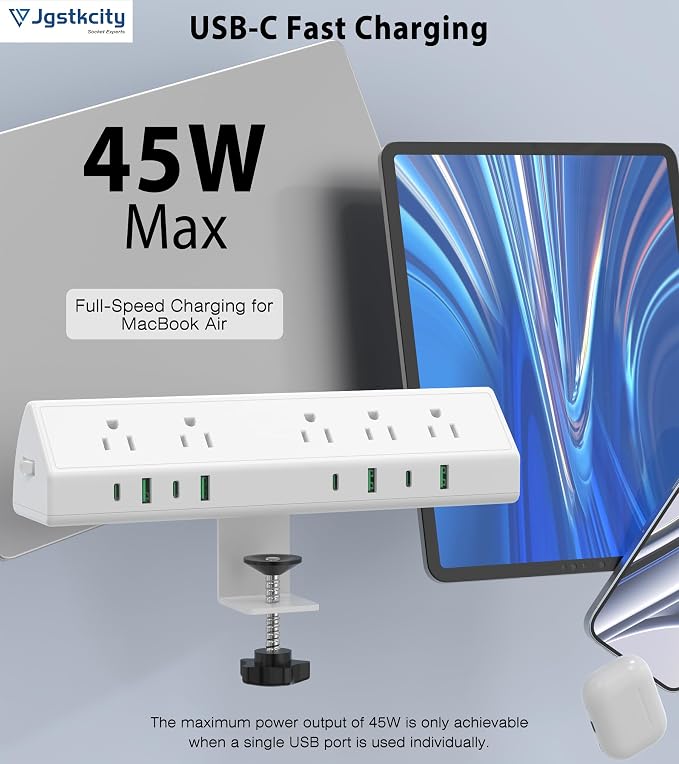 Jgstkcity Desk Clamp Power Strip USB C 45W,8 USB,10FT Cable,White | 4 USB-C,Edge Mount,1875W Extension Cord,15A Switch,ETL Listed,Office,Gaming,Dorm - Image 4