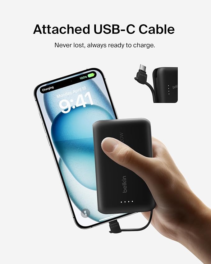 Belkin 10000mAh 20W USB C Power Bank, Portable Charger for iPhone & iPad | Fast Charging, Integrated USB C Cable, Eatra USB C Port, iPhone 17, iPad, Samsung Galaxy S26, Charge 2 Devices - Image 9