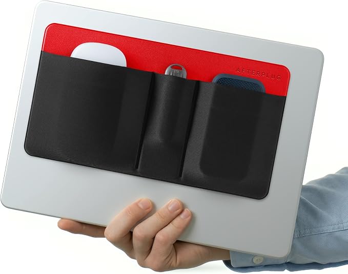 3-Pocket Mouse & Hard Drive Holder for Laptop, Stick-On Pouch | Reusable 3M Adhesive | Fits 2.5-Inch External HDDs, SSDs, Mice, USB Drives & More | Elastic Sleeve with Built-In Safety Strap by Afterplug