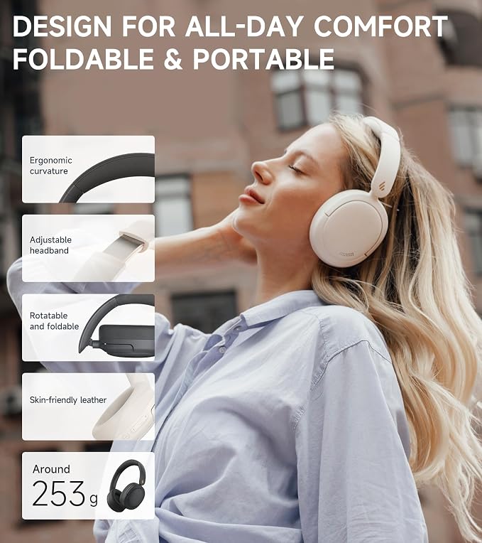 Edifier W800BT Pro Hybrid Active Noise Cancelling Over Ear Headphone, Ivory | Bluetooth 5.4, Hi-Res Audio, AI Call Noise Cancellation, 45H Playtime, Fast Charging, Foldable, Wireless Over-Ear Headphones - Image 8