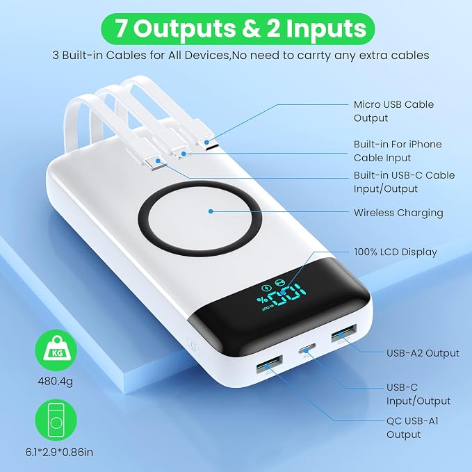 YHO Wireless Portable Charger 40800mAh for iPhone with Built-in Cables, 15W Wireless Charging USB C Power Bank,25W PD Fast Charging Travel Essential Battery Pack for iPhone 17/16/15,Android-White - Image 5