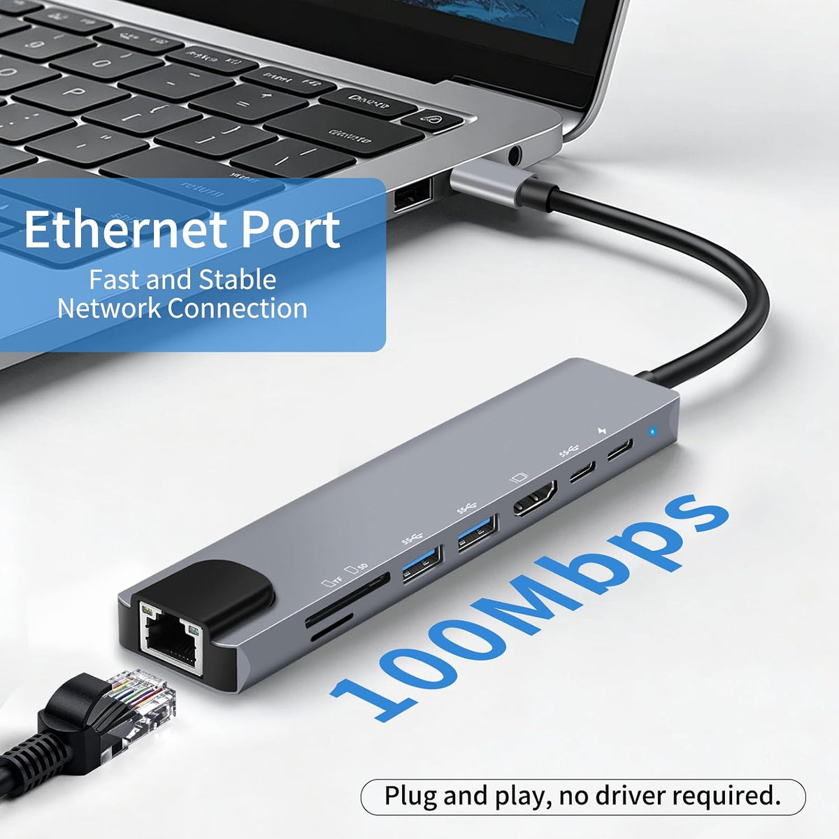 USB C Hub Multiport Adapter, 8 in 1 USBC Dongle with 4K HDMI, RJ45 Ethernet, 100W PD, USB 3.0/2.0, USB-C Data Port, TF/SD Card Reader, USB C Docking Station for MacBook Pro/Air, Chromebook, Dell, HP - Image 4
