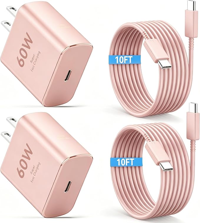 60W USB C Super Fast Charger Type C Android Phone Charger Fast Charging Block with 10ft USB-C to USB-C Cord Compatible with Samsung Galaxy S26 Ultra/S26/S26+/S25/S25 Ultra/S25+/S24, MacBook, iPad,pink by Ubearkk