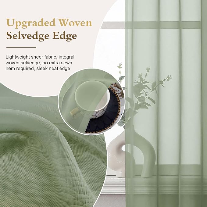 Sage Green Sheer Curtains 84 Inches Long 2 Panels 52" W for Bedroom | Sheer White Curtains for Living Room, Elegant Airy Light Filtering Window Treatments, Rod Pocket, Each Panel 52" W x 84" L - Image 5
