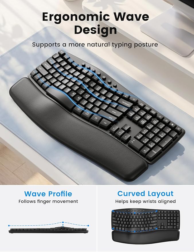 Wireless Keyboard and Mouse Combo, SABLUTE MA41 30dB Quiet Ergonomic Wave Keyboard Set with Soft Leather Palm Rest, Dual-System Switch for Windows/Mac, Ideal for Business Teams Home Office | Soft Leather Memory Foam Wrist Rest, 2.4GHz Wireless, UAB-A &... - Image 2