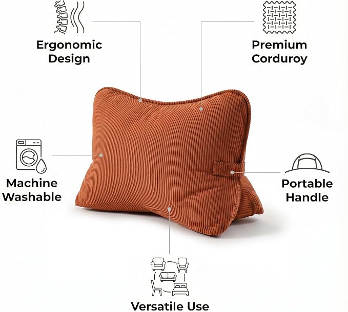 Pat. Pend. Corduroy Back Support Pillow for Bed Sitting and Headboard Support, Lumbar Cushion for Relaxing and Watching TV, Triangle Backrest Pillow, Brick Red - Image 4