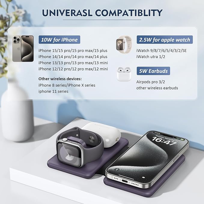 Wireless Charger iPhone - 3 in 1 Charging Station for Apple Devices for iPhone 17 16 15 14 13 12 Pro Max Plus - Foldable Magnetic Charging Pad for Apple Watch Series & Airpods Series - Image 2