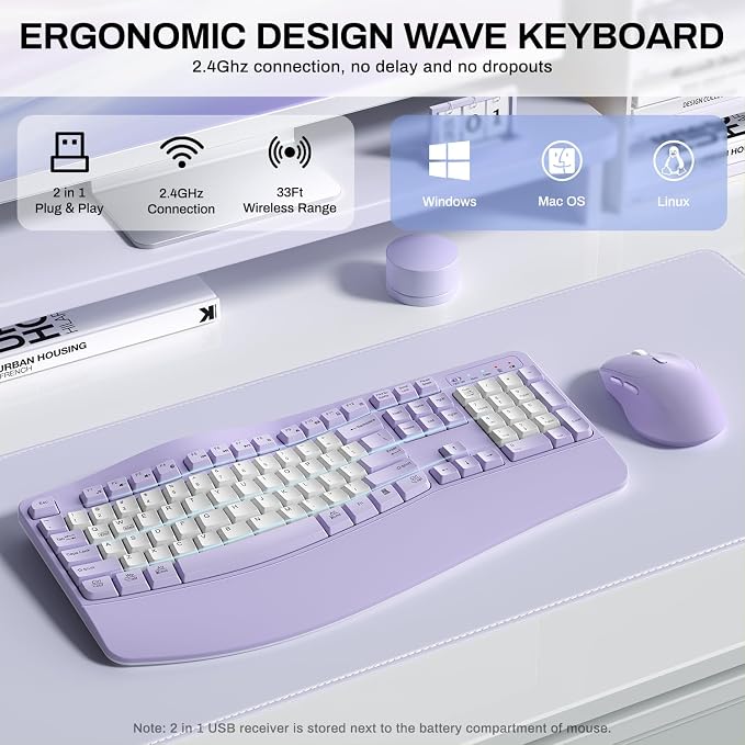 Wireless Keyboard and Mouse Combo,2.4G Ergonomic Wave Keys(Purple-B) | Full Size Cordless Keyboard with Wrist Rest,3-Level DPI Ergonomic Mouse for Office and Home,Windows/Mac OS/Desktop/Laptop/PC - Image 3